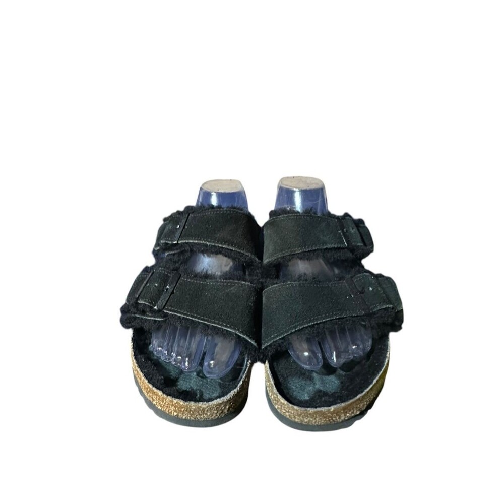 Birkenstock Arizona Black Shearling Fur Lined Slide Sandals 39 US 8.5 Distressed